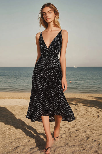 Black White Polka Dots Chiffon V Neck A Line Boho Maxi Dress